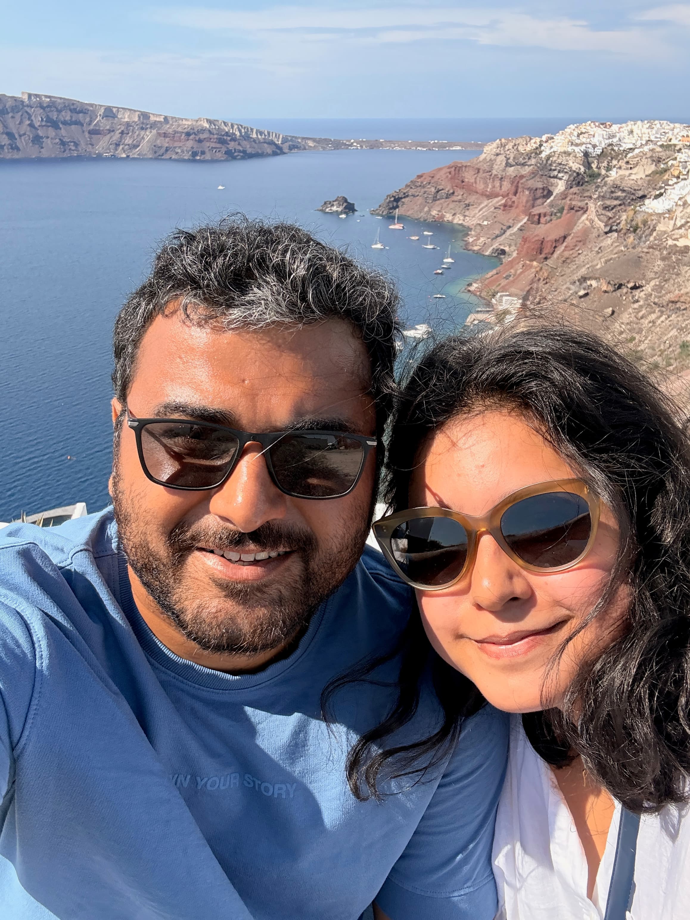 Sanchita and Garvit on a trip to Santorini